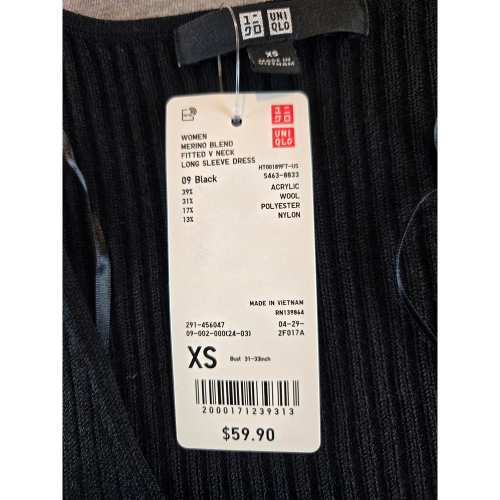 NWT Uniqlo Dress XS Black Merino Blend V Neck‎ Fitted Long Sleeve Ribbed Minimal - Picture 3 of 10
